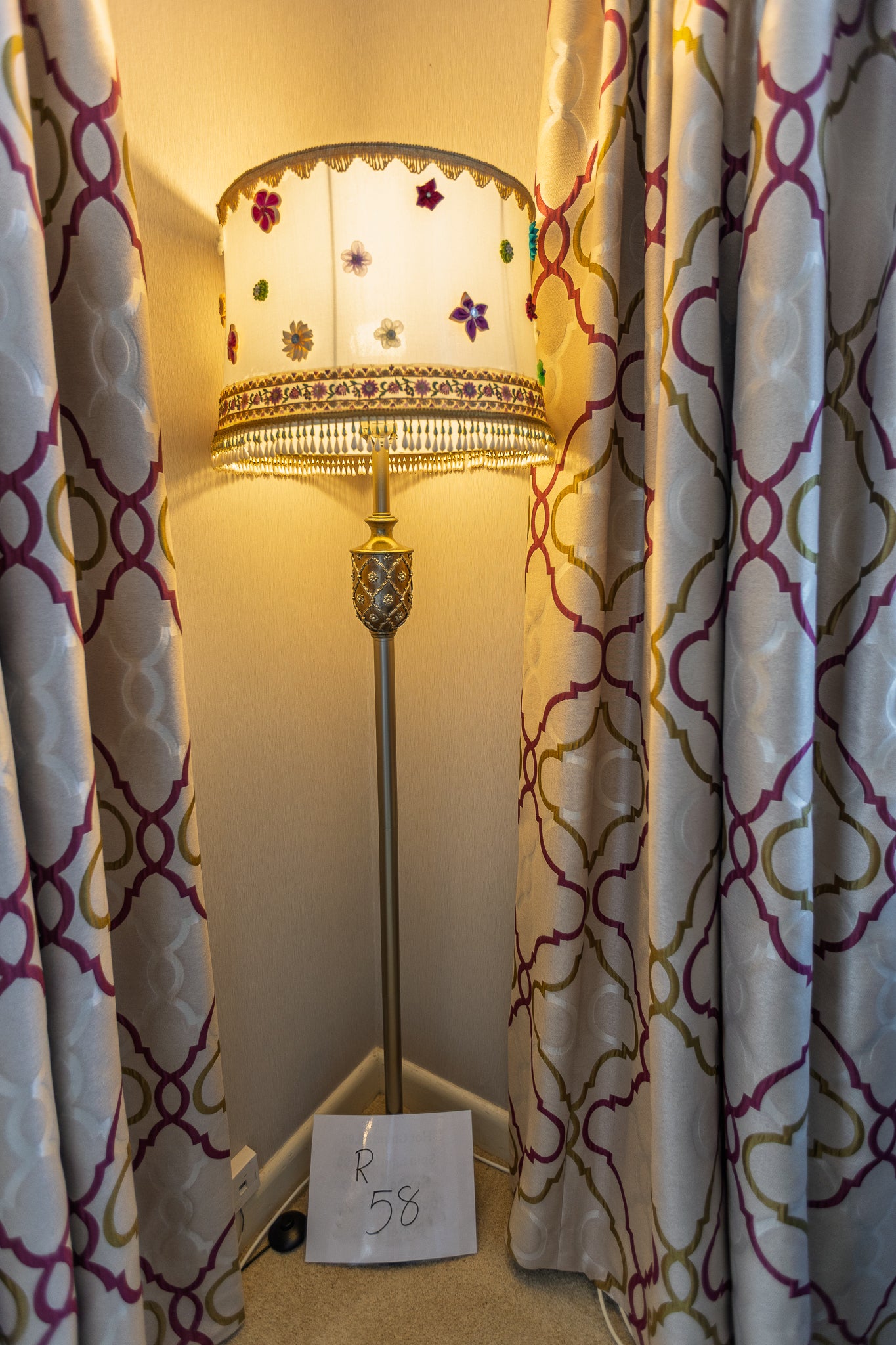 Unique Gold-Tone Floor Lamp with Floral Embellished Shade