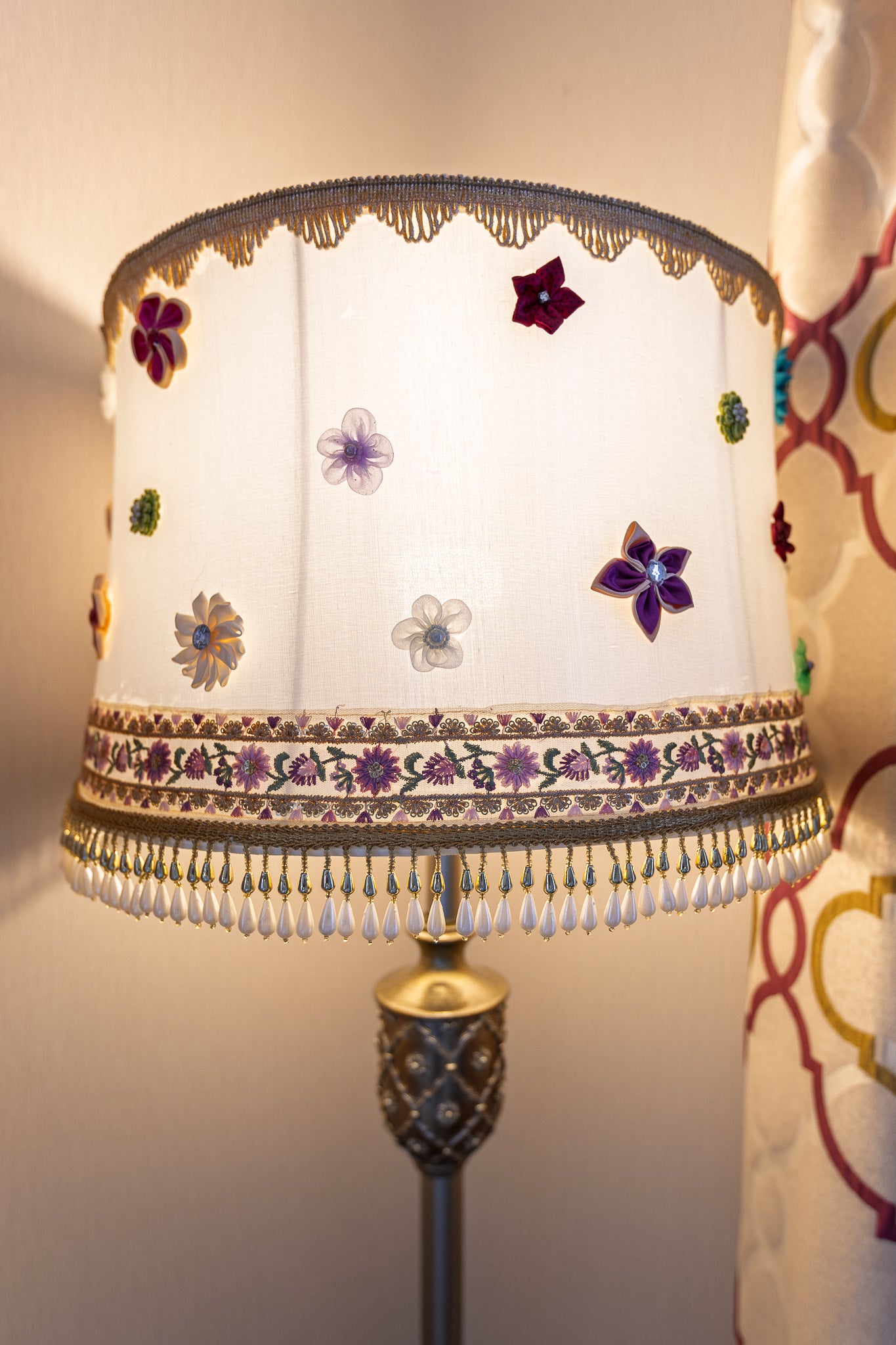 Unique Gold-Tone Floor Lamp with Floral Embellished Shade