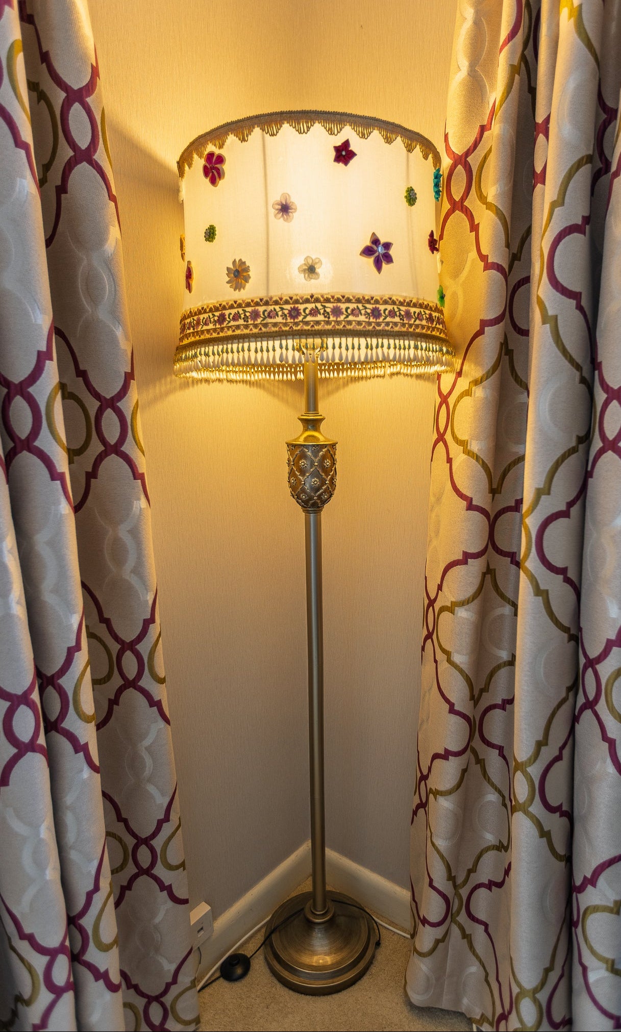 Unique Gold-Tone Floor Lamp with Floral Embellished Shade
