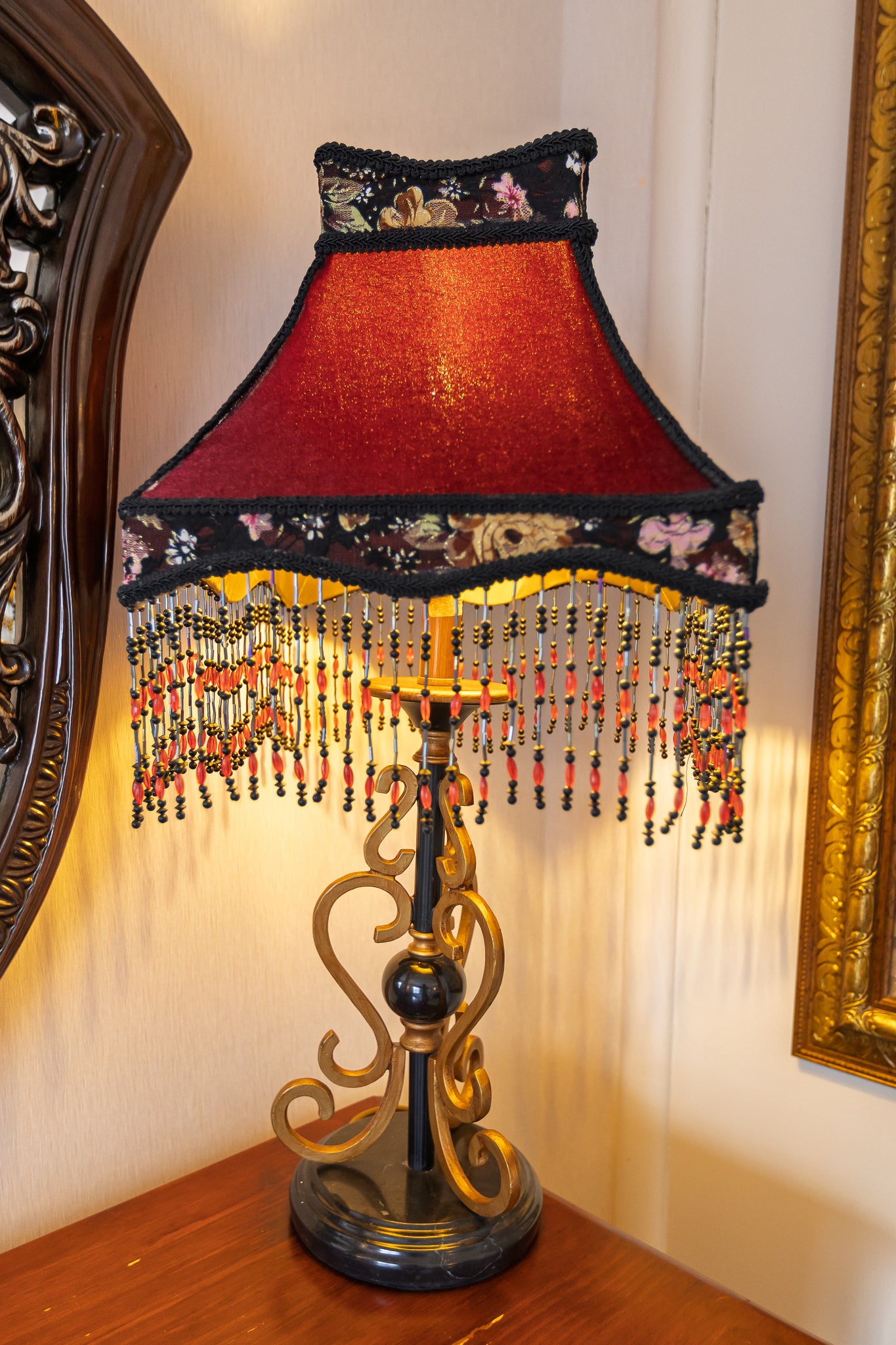 Unique Ornate Table Lamp with Red Beaded Shade