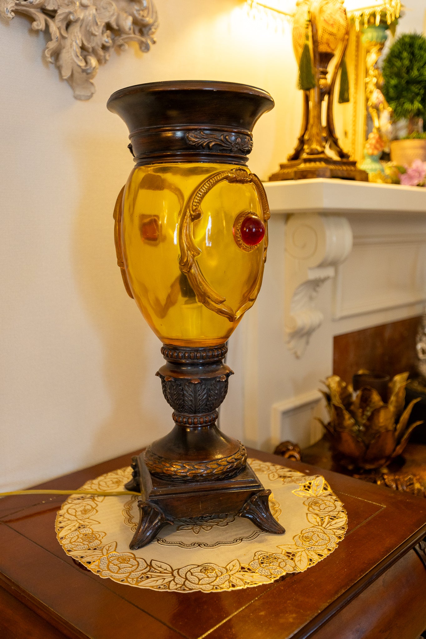 Unique Vintage Amber Glass Urn Lamp