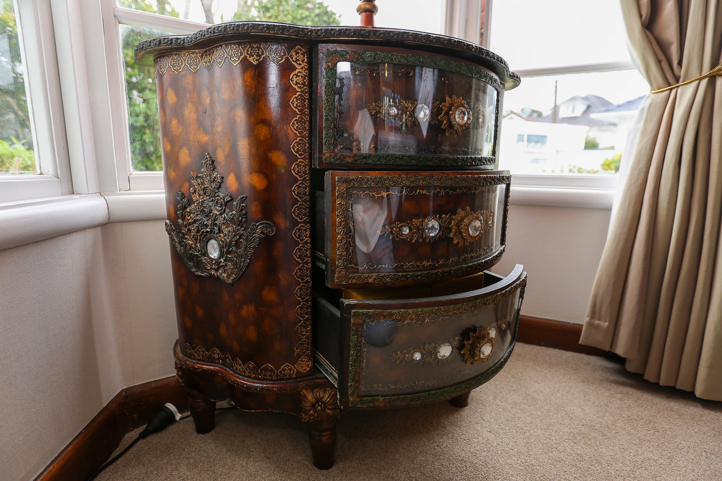Unique Ornate Demilune Chest of Drawers