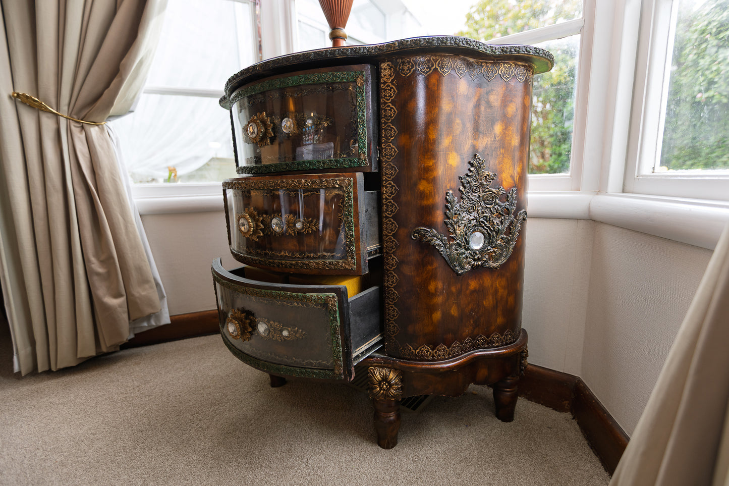 Unique Ornate Demilune Chest of Drawers