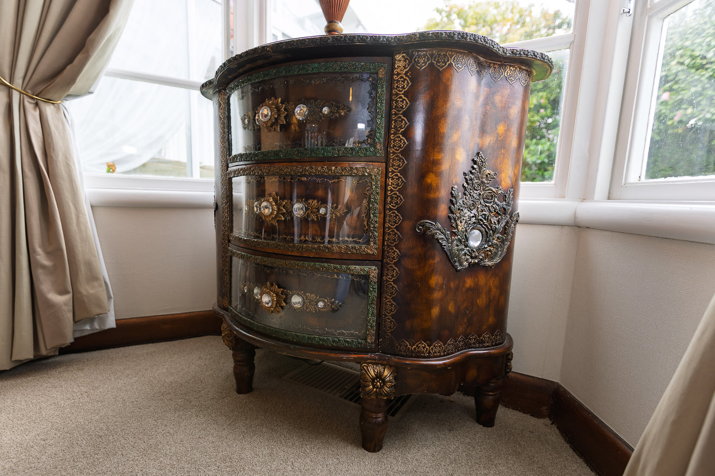 Unique Ornate Demilune Chest of Drawers