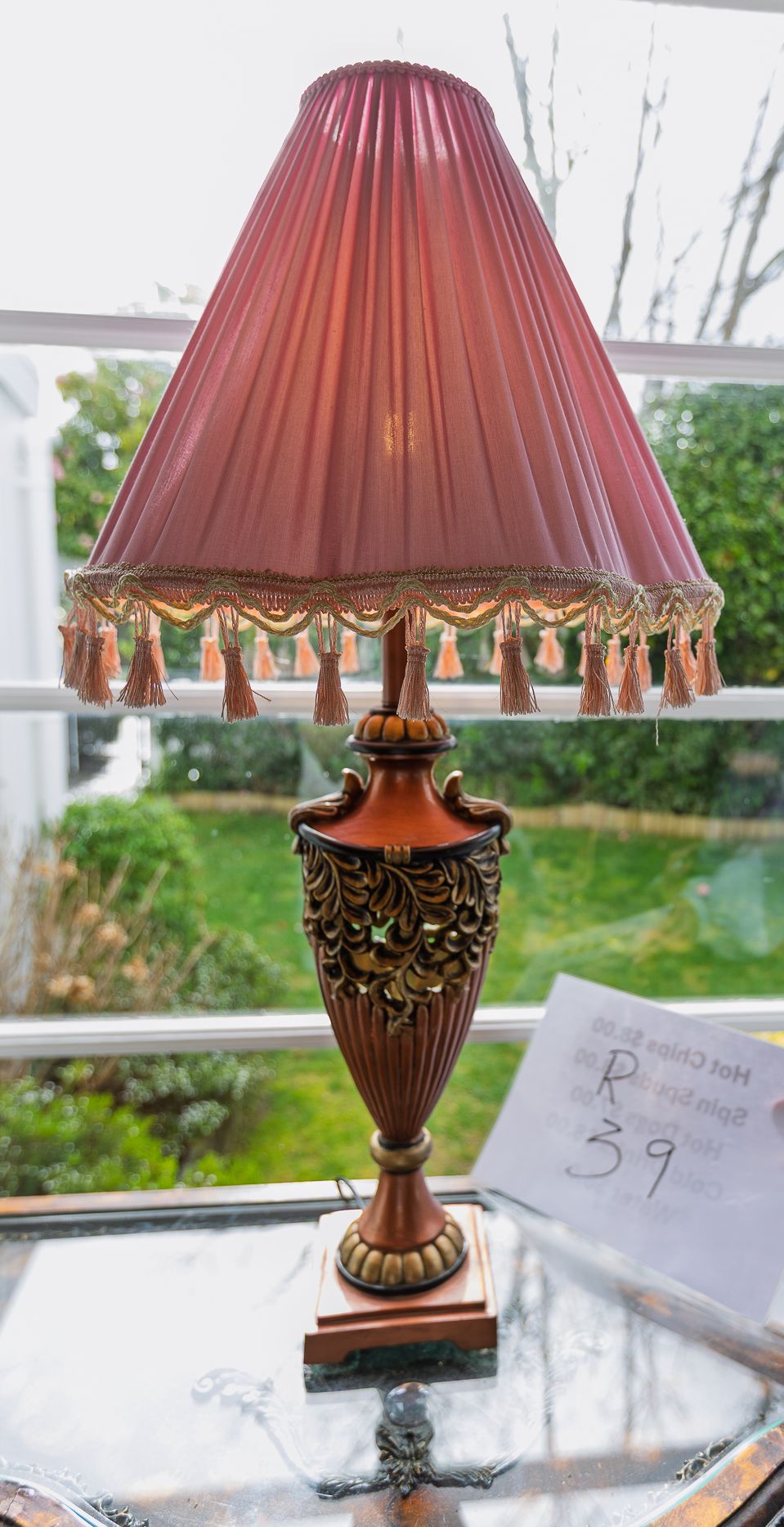 Vintage-Style Ornate Table Lamp with Pink Pleated Shade
