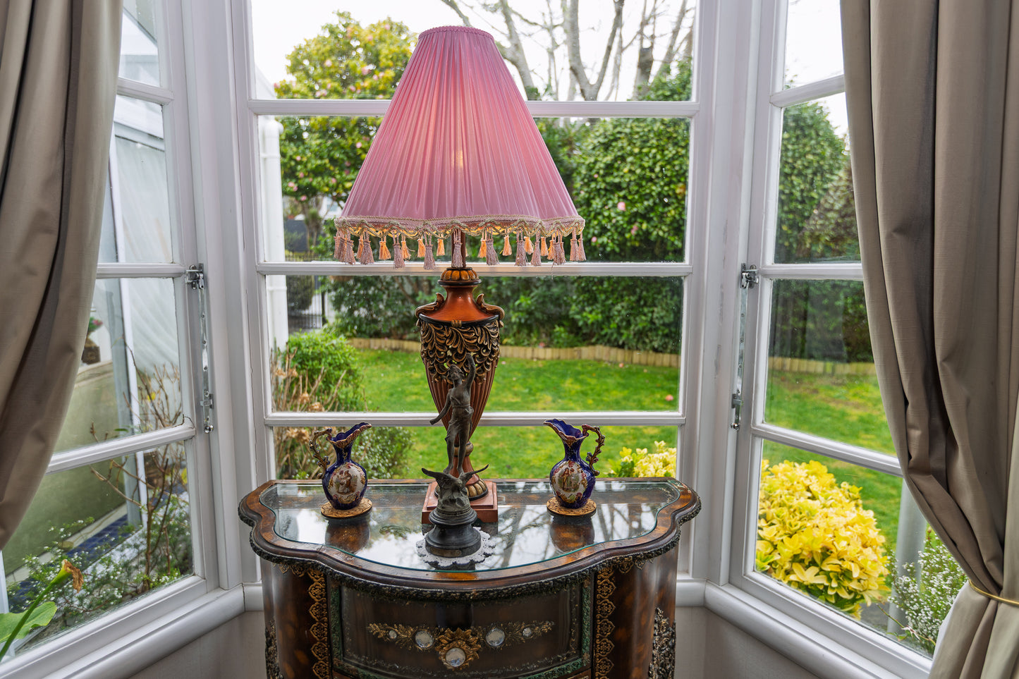 Vintage-Style Ornate Table Lamp with Pink Pleated Shade