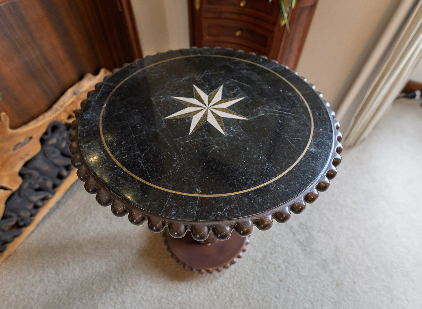 Charming Vintage Pedestal Table with Star Inlay