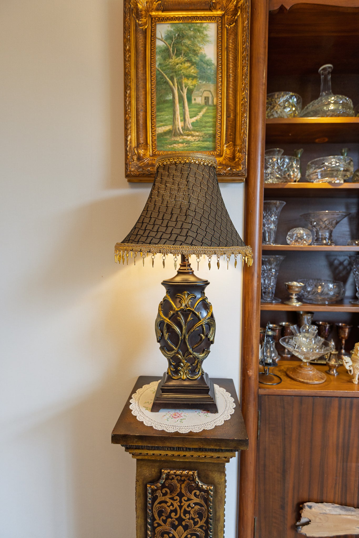 Ornate Dark Brown & Gold Table Lamp with Textured Shade