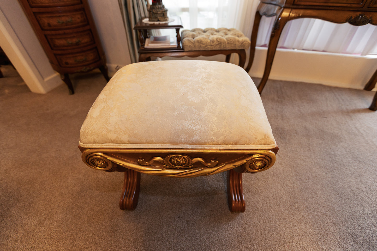 Exquisite Neoclassical Gilt and Wood Vanity Stool / Bench
