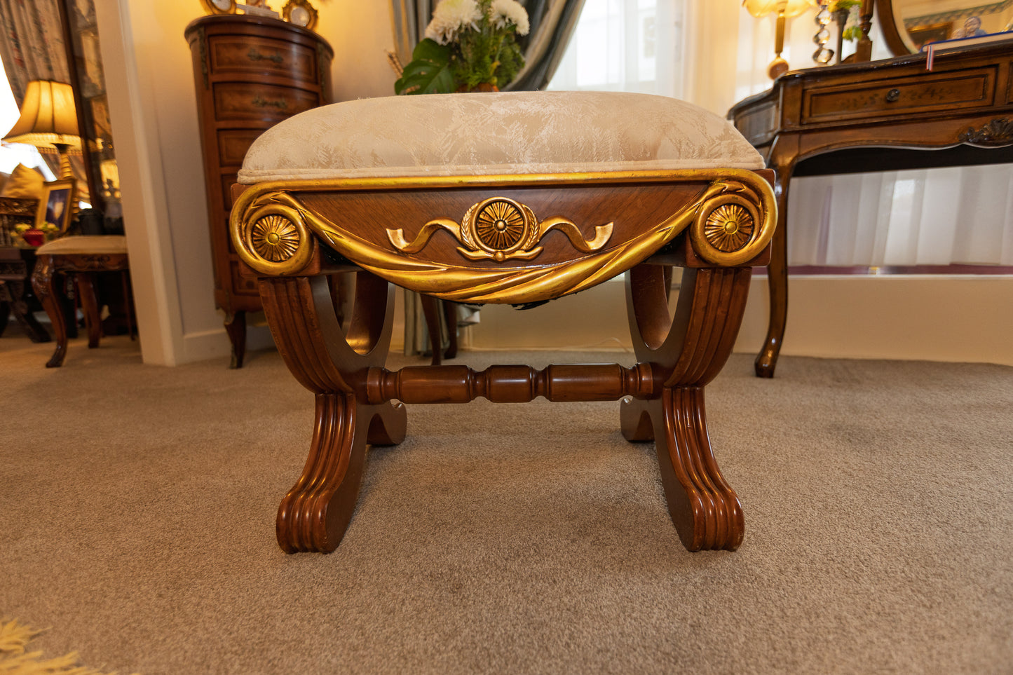 Exquisite Neoclassical Gilt and Wood Vanity Stool / Bench