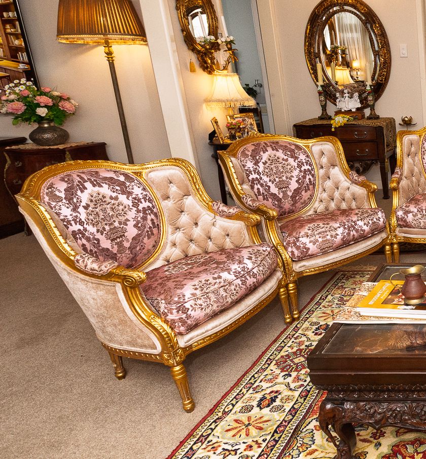 Set of Five Elegant Gold and Velvet Armchairs