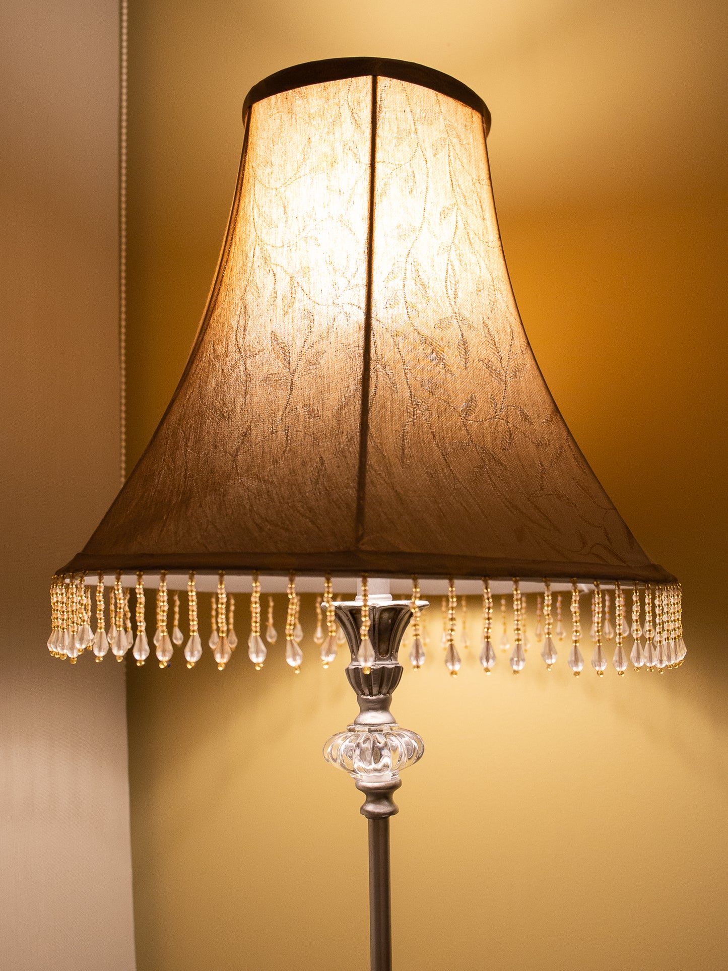 Silver and Glass Adorned Slim Lamp – Brown Shade with Crystal Trim