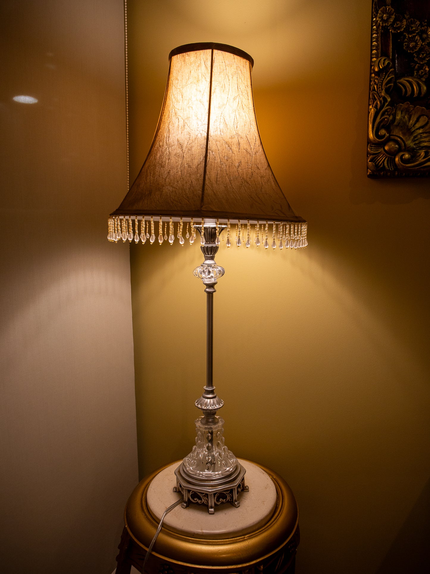 Silver and Glass Adorned Slim Lamp – Brown Shade with Crystal Trim