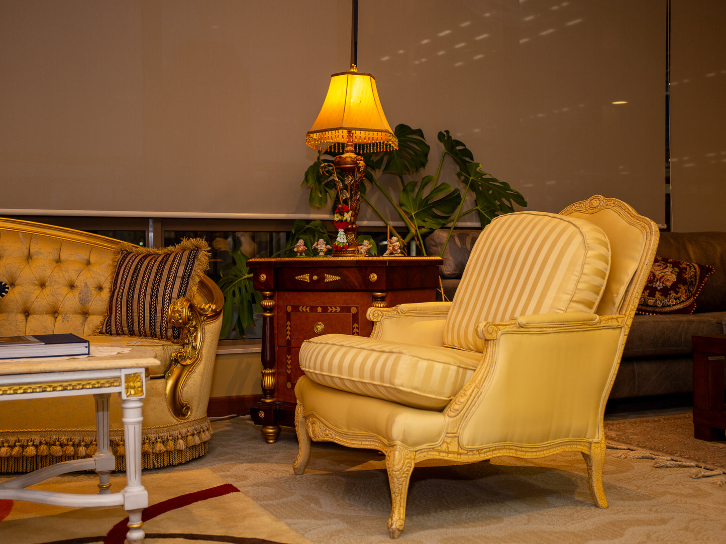 Elegant Cream/Gold Striped Upholstered Armchair with Classic Wood Frame