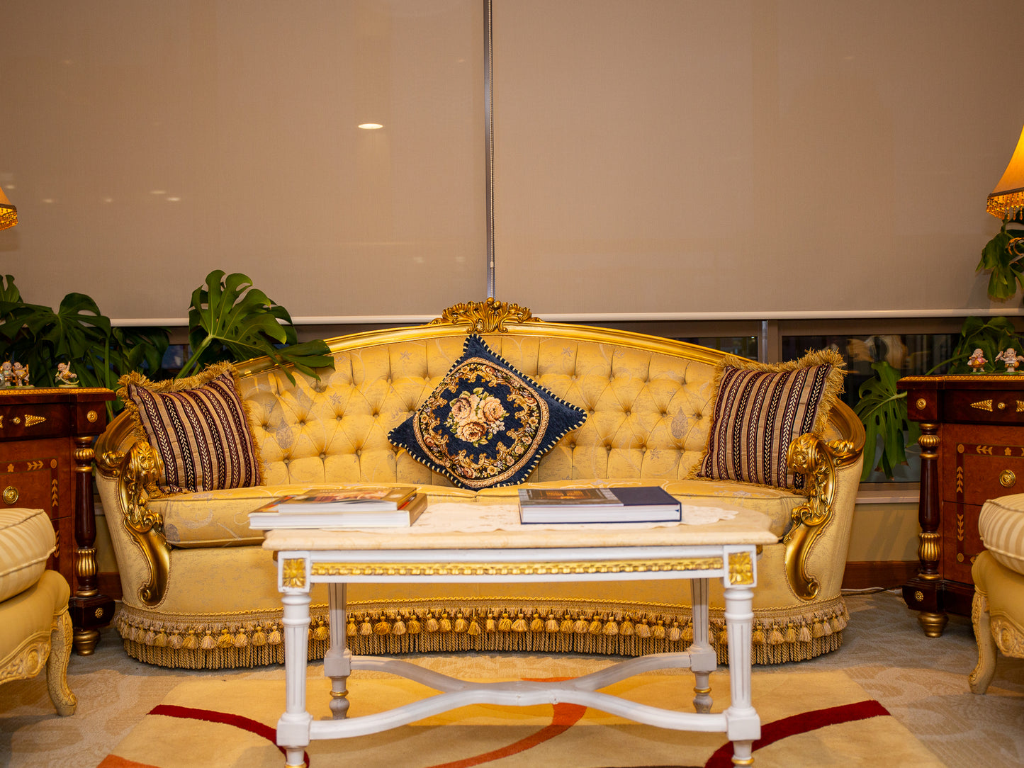 Grand Three-Seater Sofa – Wrap-Around Back with Opulent Golden Trim