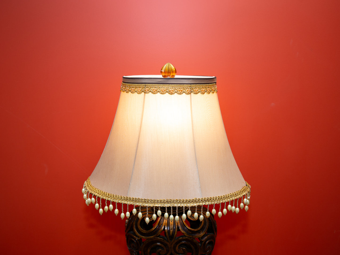 Decorative Table Lamp – Carved Wooden Base with Pearl Trim Shade