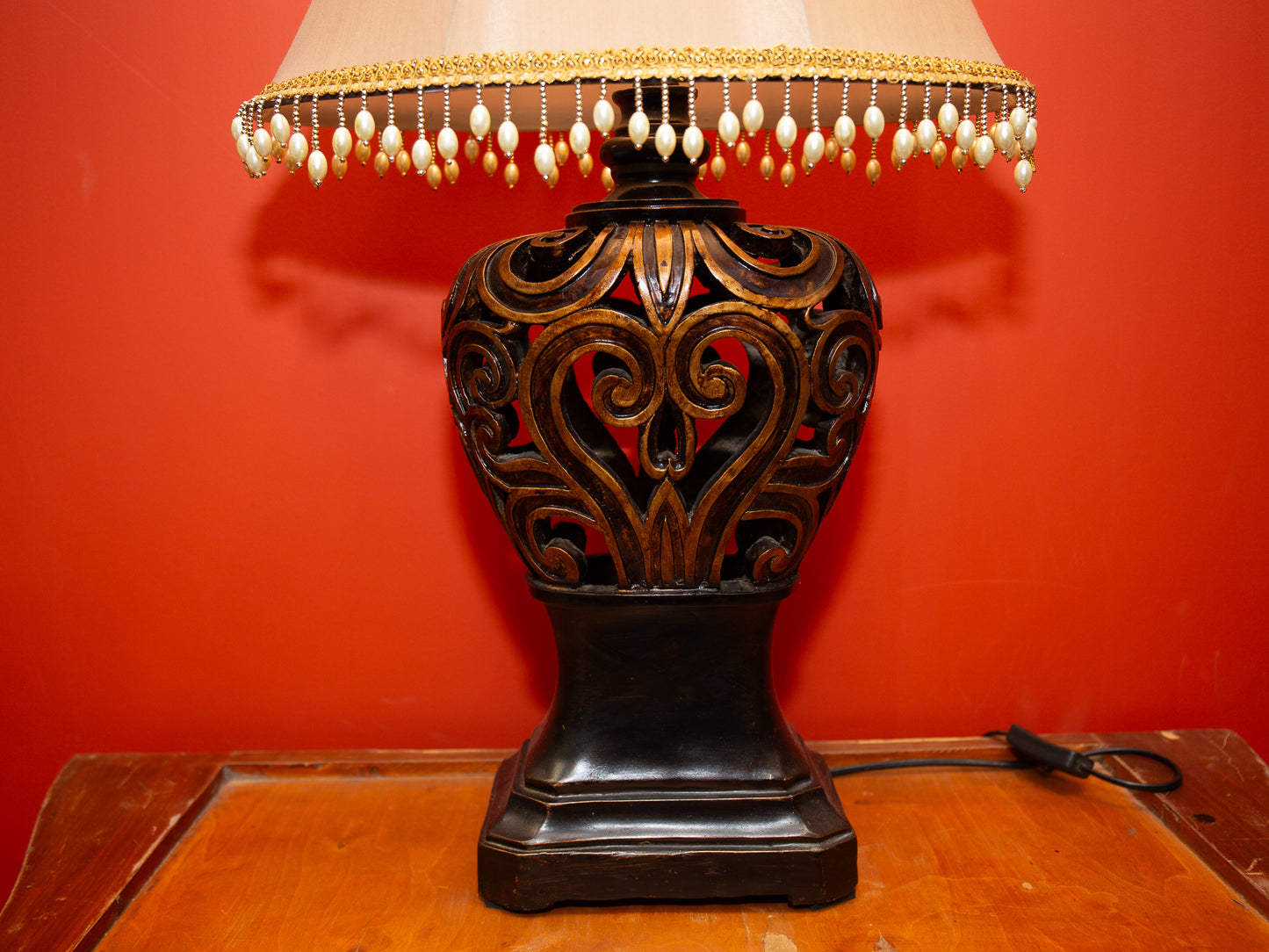 Decorative Table Lamp – Carved Wooden Base with Pearl Trim Shade