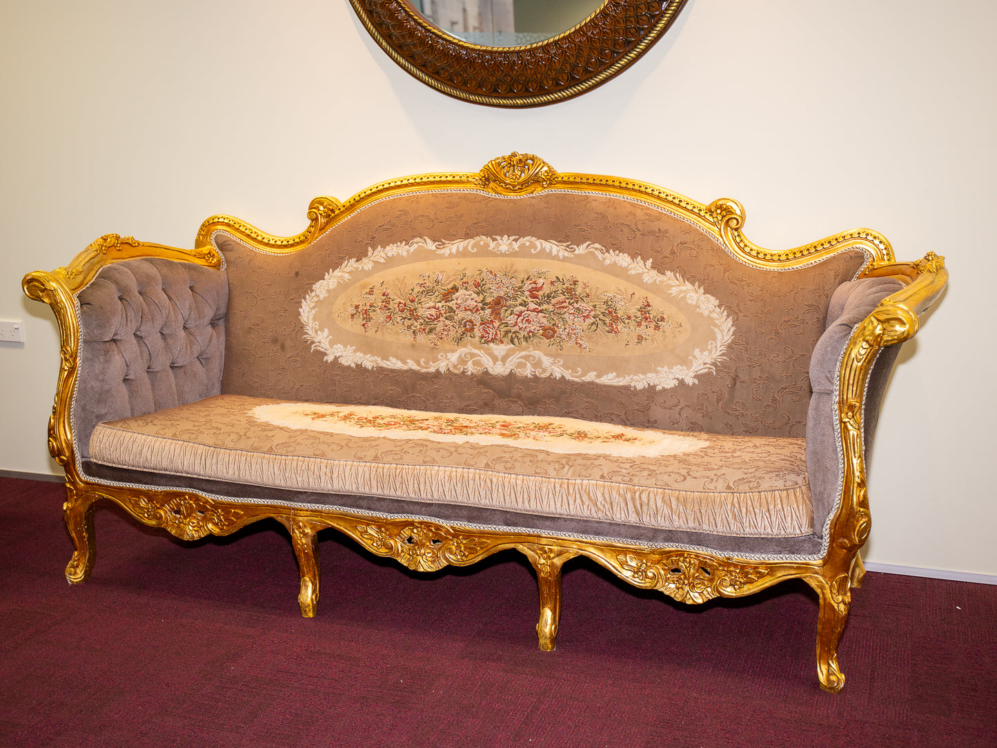 Grand Baroque-Style Gilt Sofa with Floral Embroidery and Tufted Accents