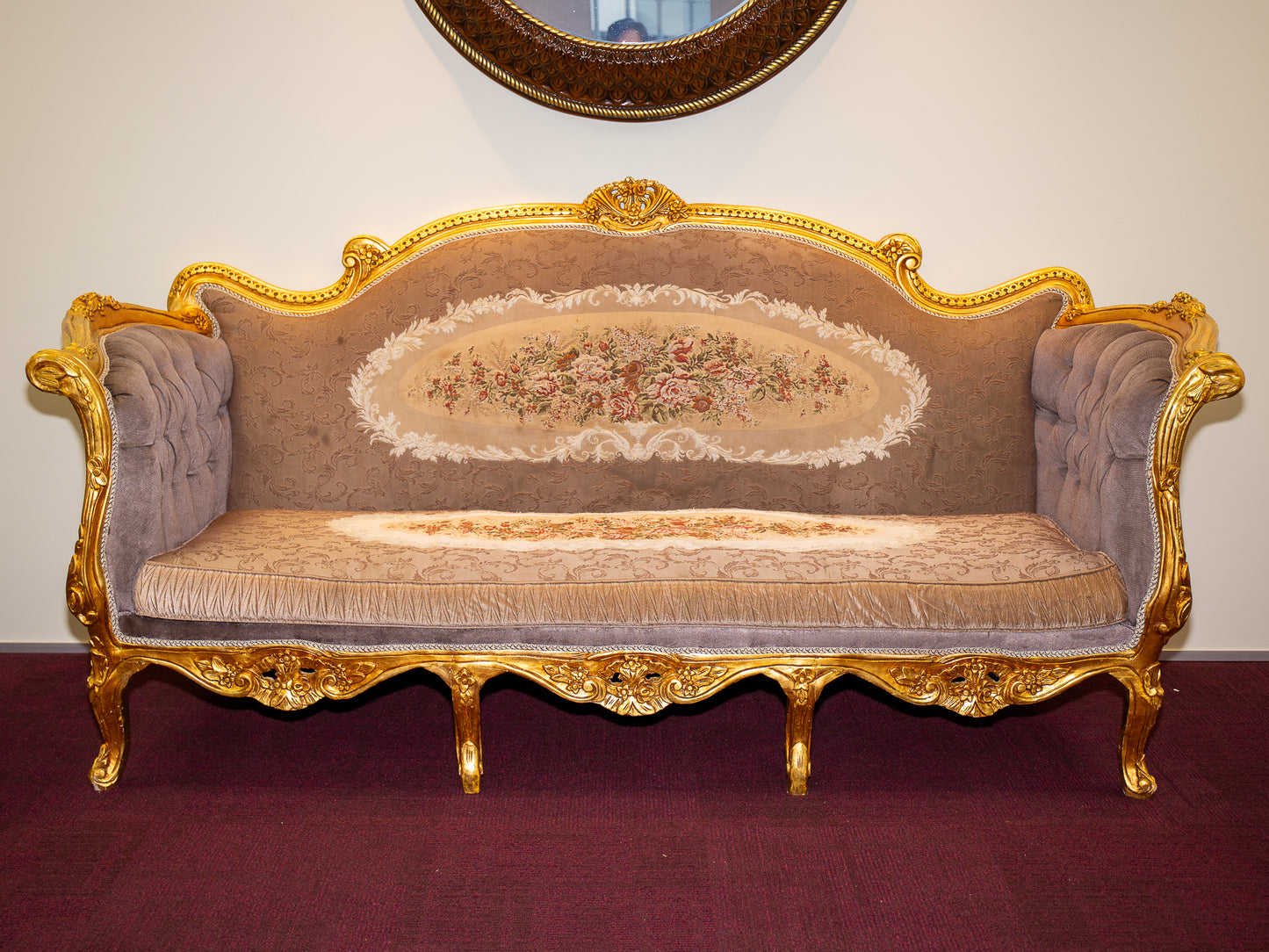 Grand Baroque-Style Gilt Sofa with Floral Embroidery and Tufted Accents