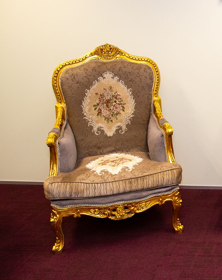 Magnificent French Baroque Style Armchair - Gilded Frame with Floral Embroidered Accents