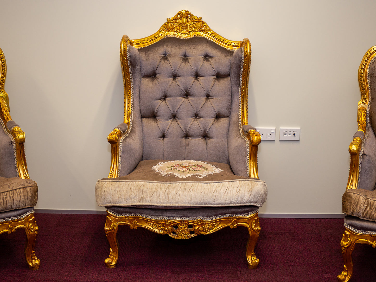 Exquisite French Baroque Style High-Back Armchair - Opulent Gold & Tufted Grey Velvet