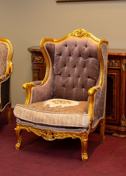 Exquisite French Baroque Style High-Back Armchair - Opulent Gold & Tufted Grey Velvet