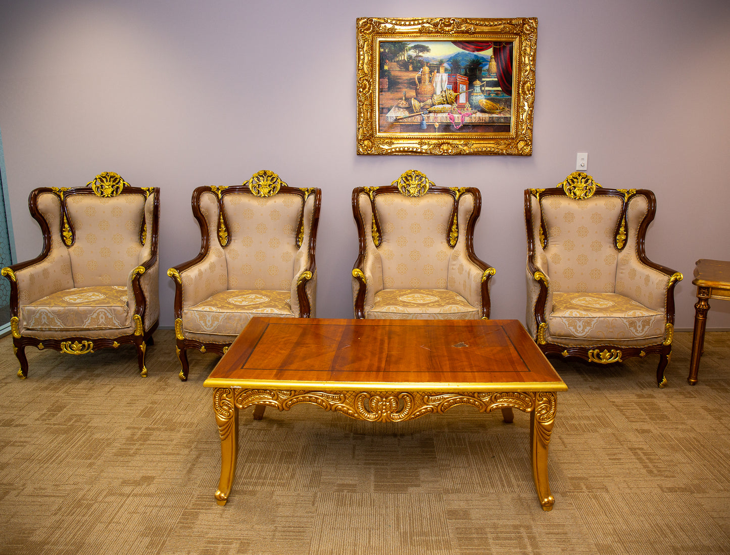 Carved Wing Back Chair with Golden Trim