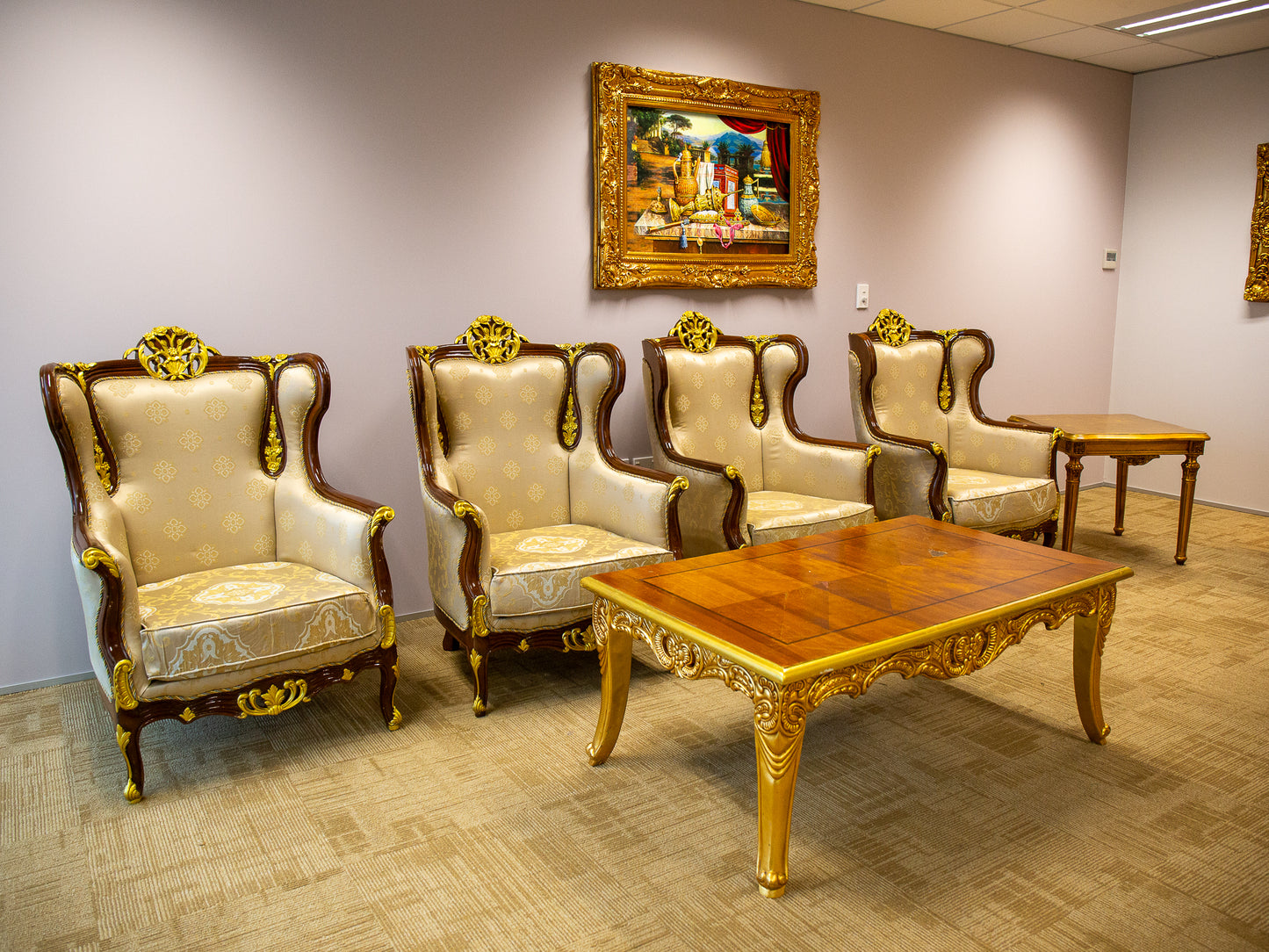 Carved Wing Back Chair with Golden Trim