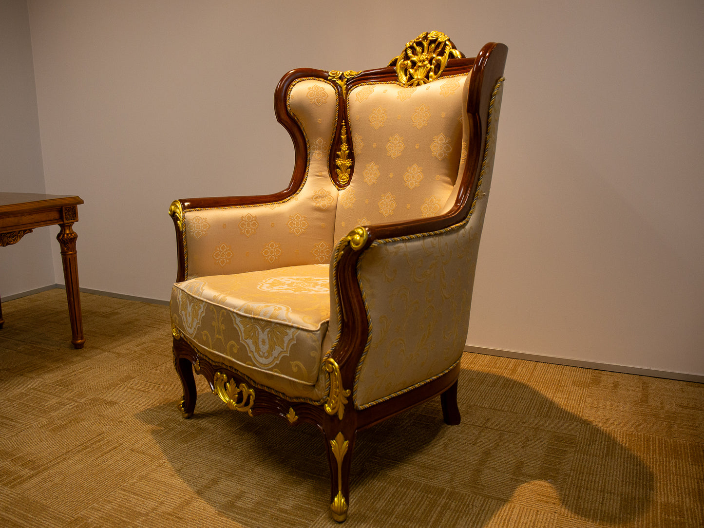 Carved Wing Back Chair with Golden Trim