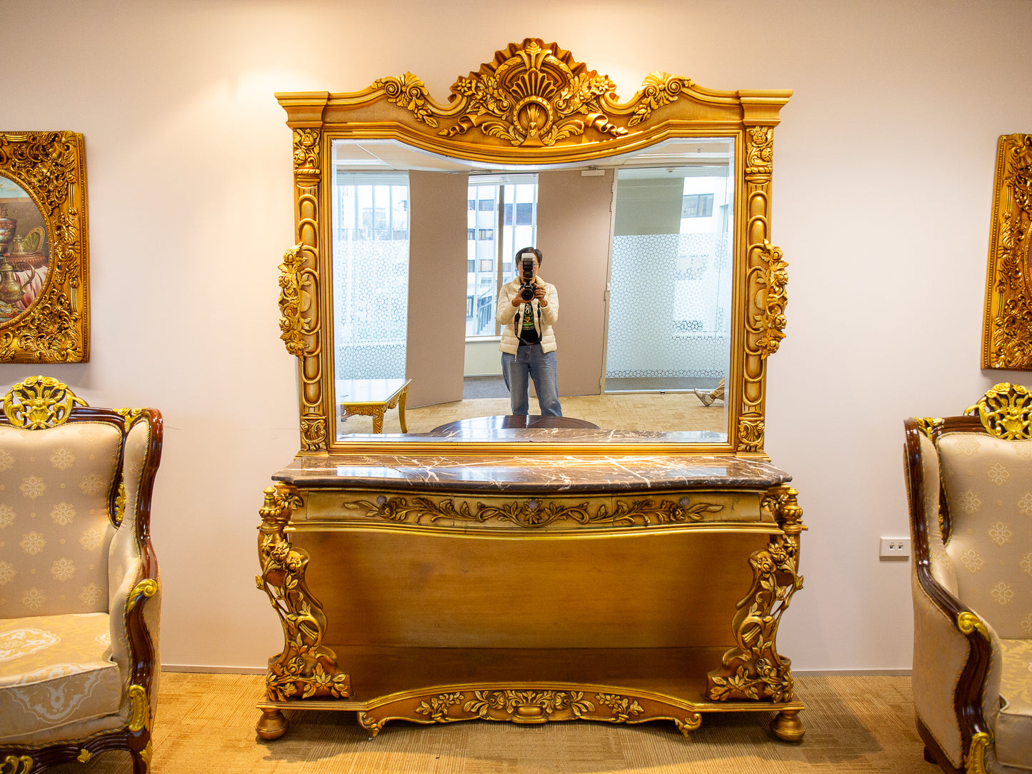 Large Royal Gold and Marble Topped Mirror Dresser