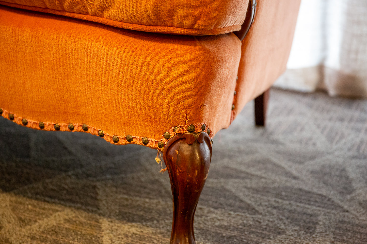 Traditional Rust Velvet Three-Seater Sofa with Carved Wood Frame