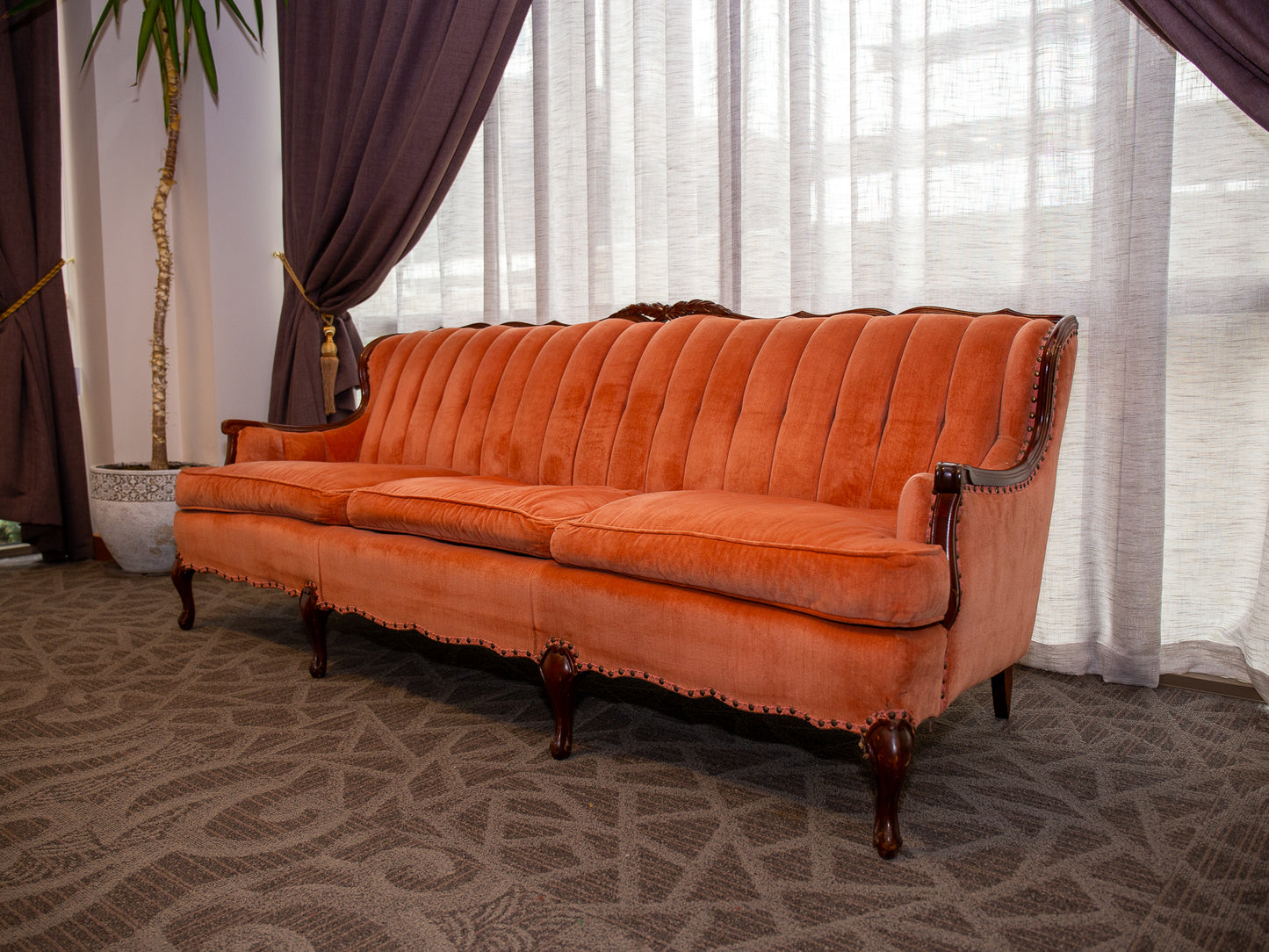 Traditional Rust Velvet Three-Seater Sofa with Carved Wood Frame