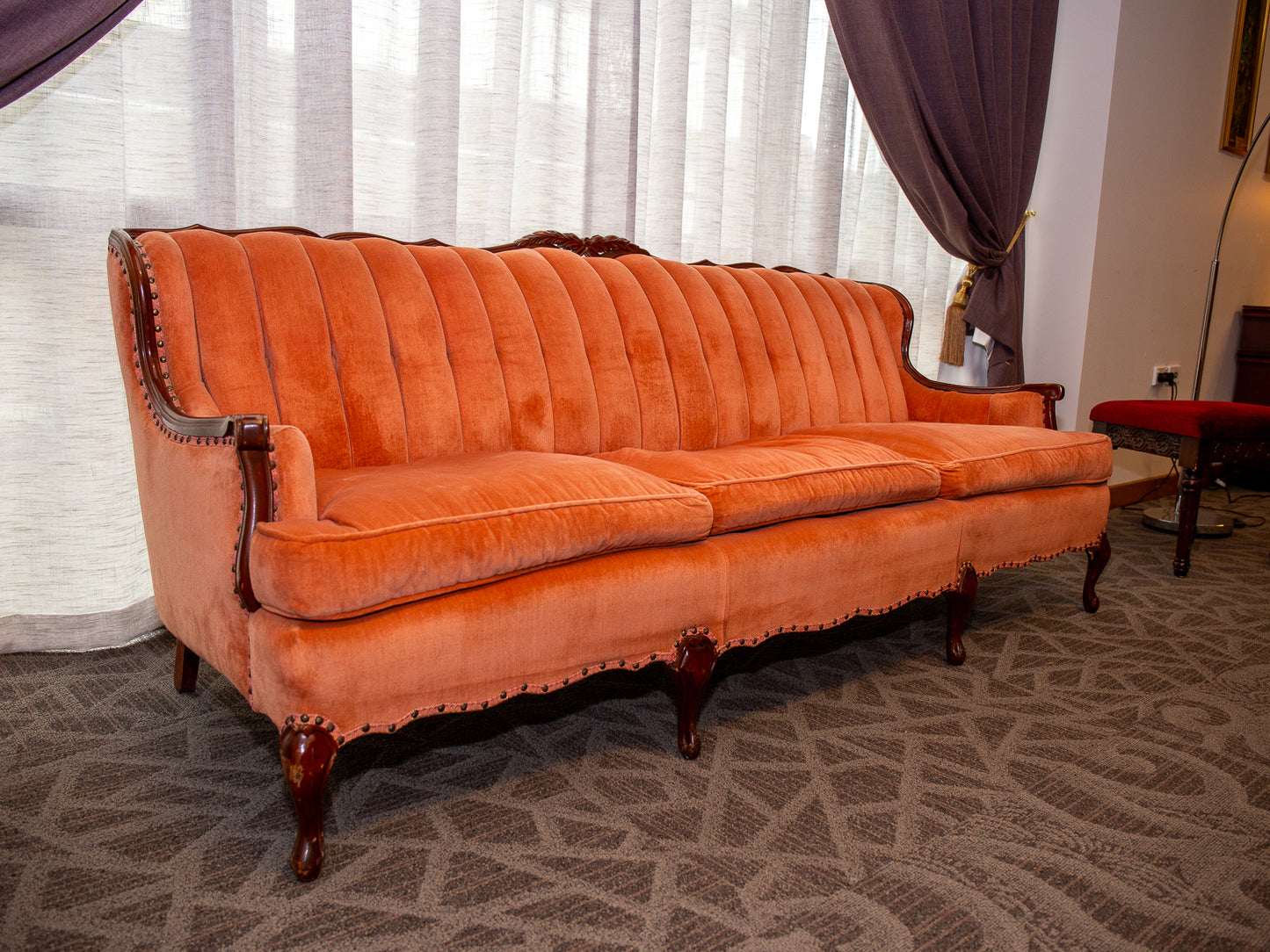 Traditional Rust Velvet Three-Seater Sofa with Carved Wood Frame
