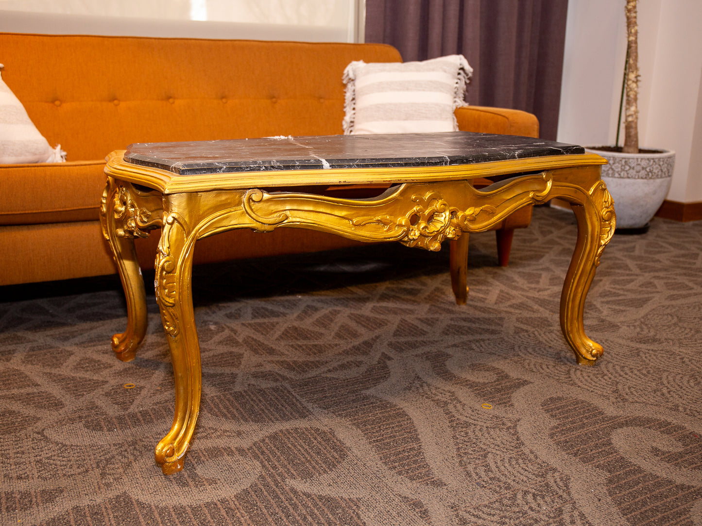 Louis XV-Style Gilded Coffee Table With Grey Marble Top