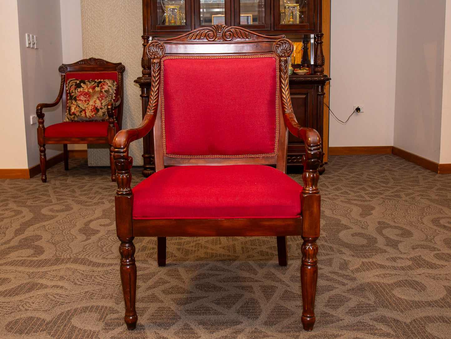 Elegant Traditional Armchair with Rich Red Upholstery