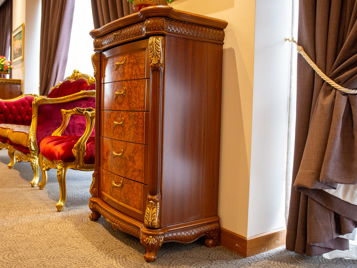 Burlwood & Gold Baroque Tall Chest