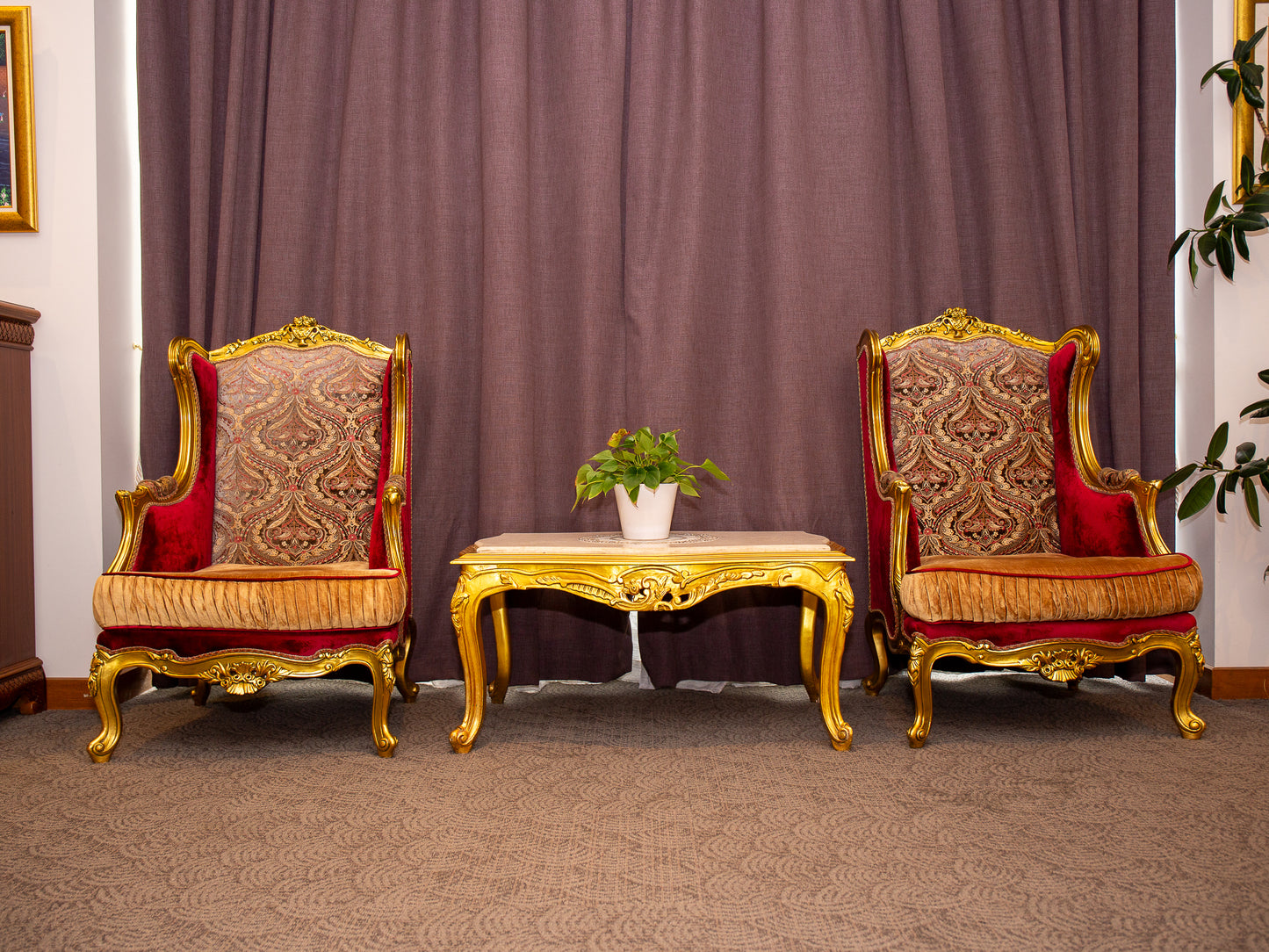 Majestic Baroque-Style Gilt High-Back Armchair with Patterned and Velvet Upholstery