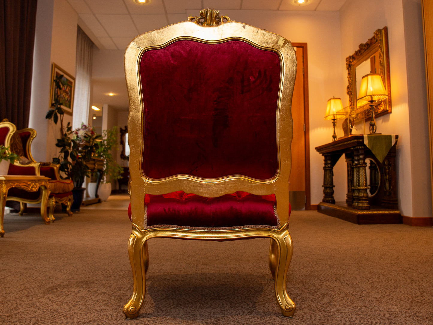 Majestic Baroque-Style Gilt High-Back Armchair with Patterned and Velvet Upholstery
