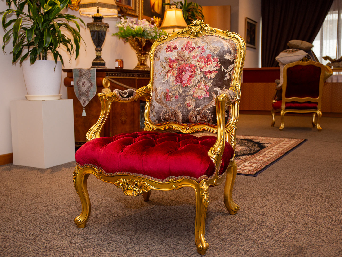 Exquisite Baroque-Style Gilt Armchair with Floral & Velvet Upholstery