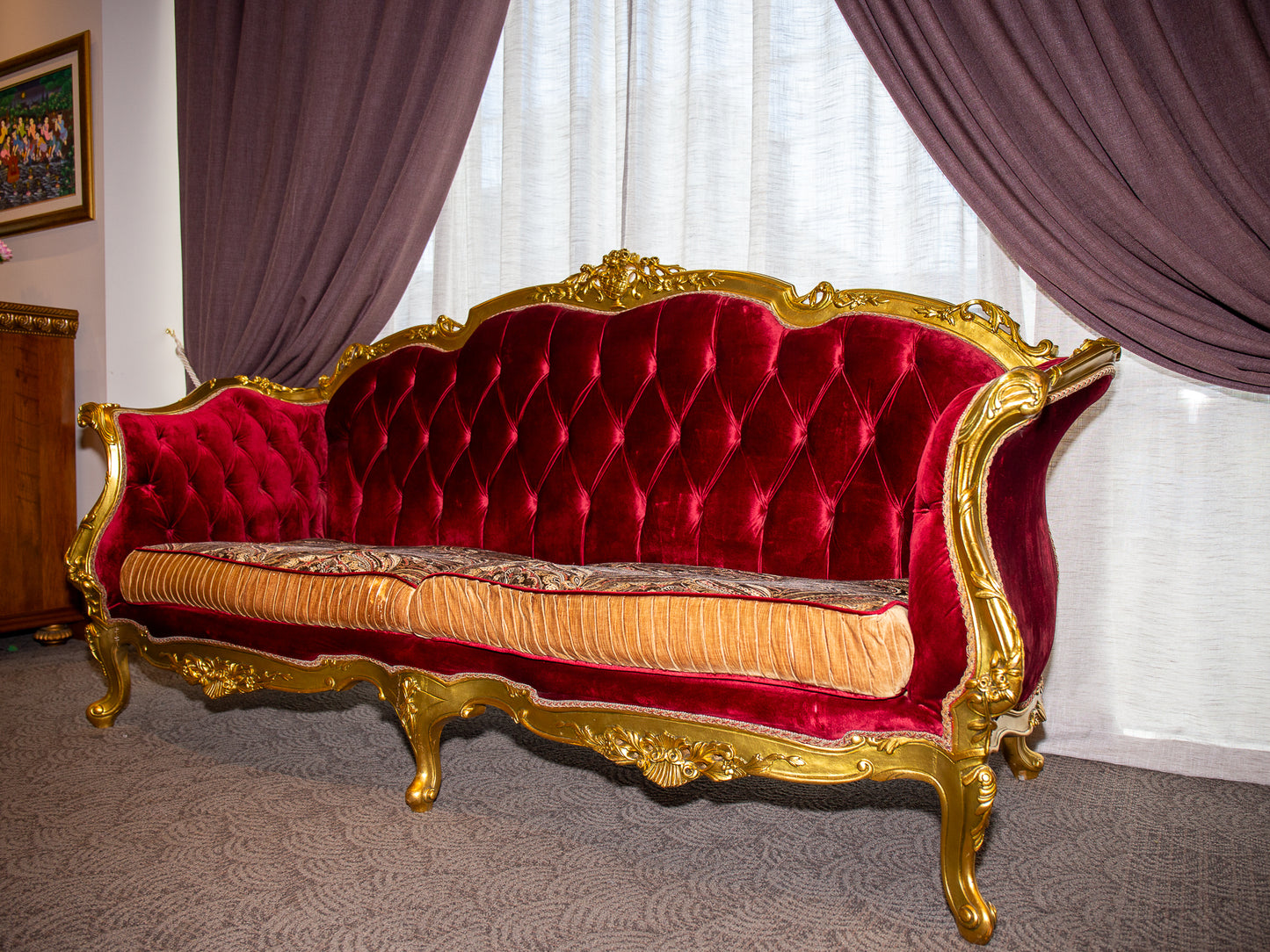 Opulent Baroque-Style Red Velvet Sofa with Gilt Frame
