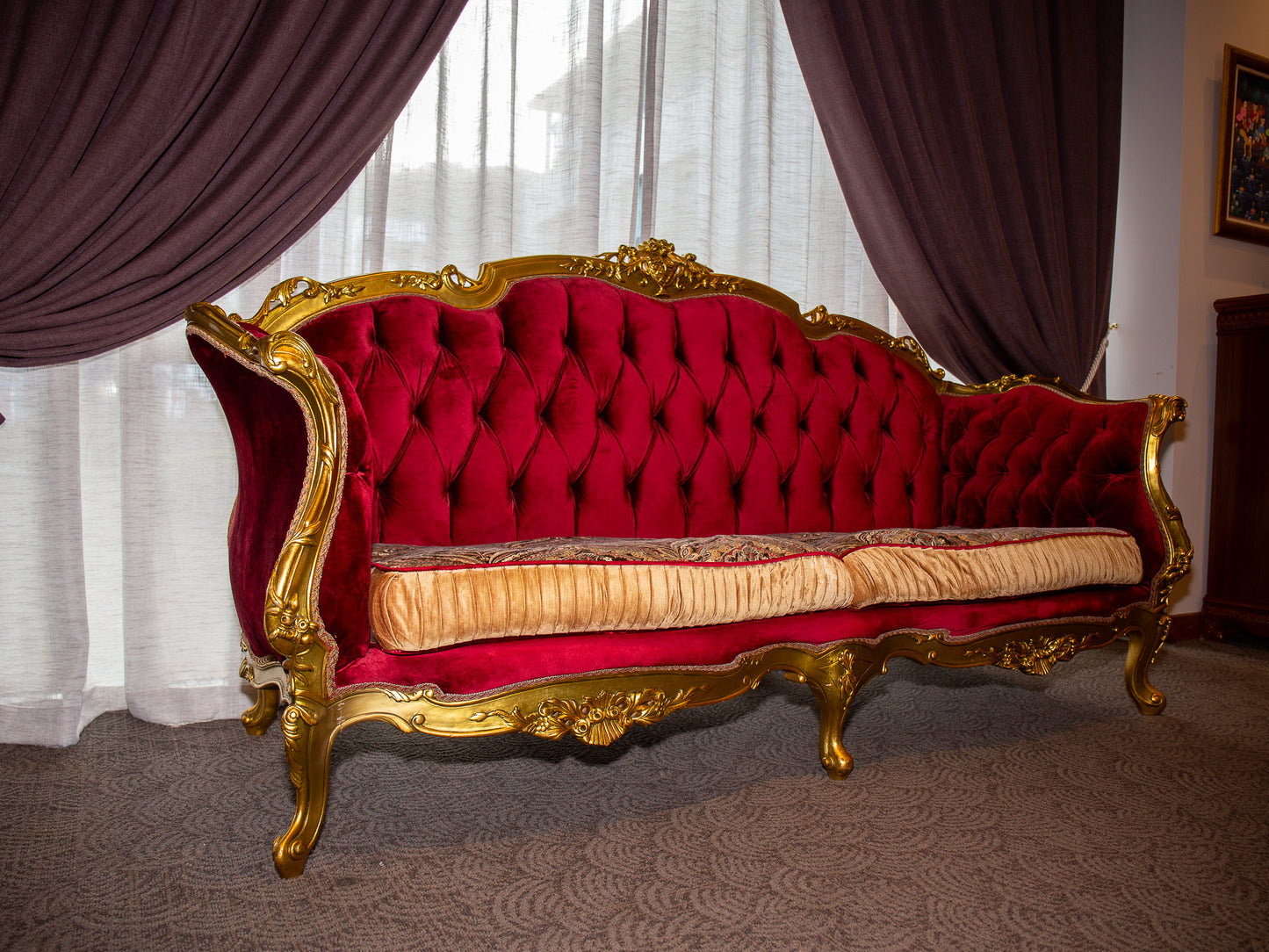 Opulent Baroque-Style Red Velvet Sofa with Gilt Frame