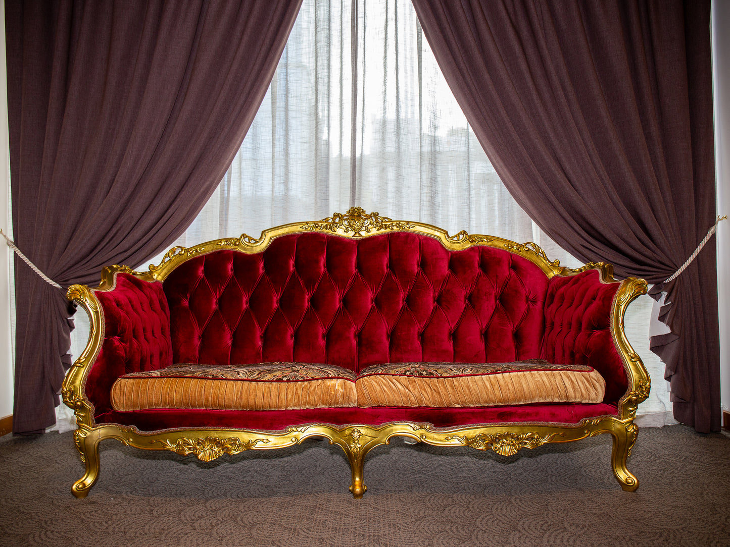 Opulent Baroque-Style Red Velvet Sofa with Gilt Frame