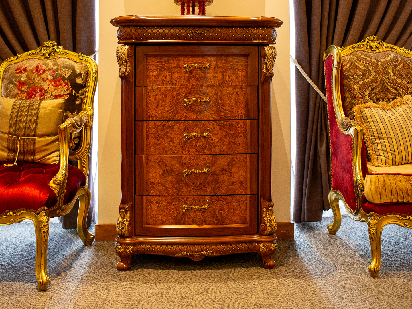 Burlwood & Gold Baroque Tall Chest