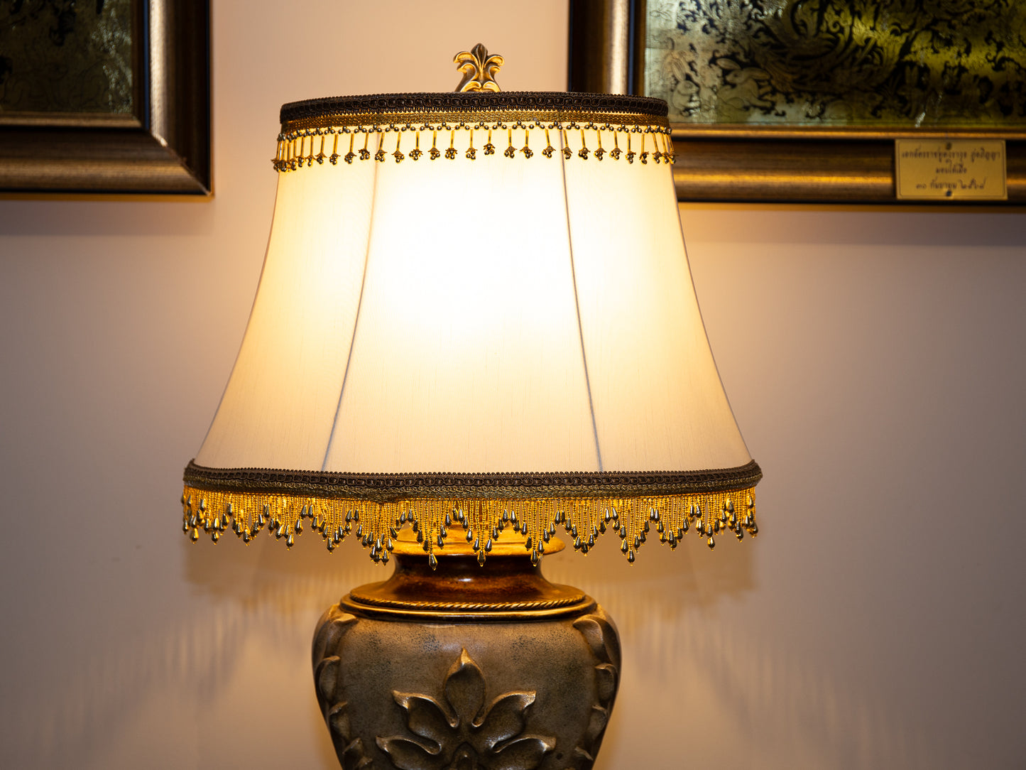 Lavish Carved Silver Lamp – Nature Motif with Gold Beaded Fringe