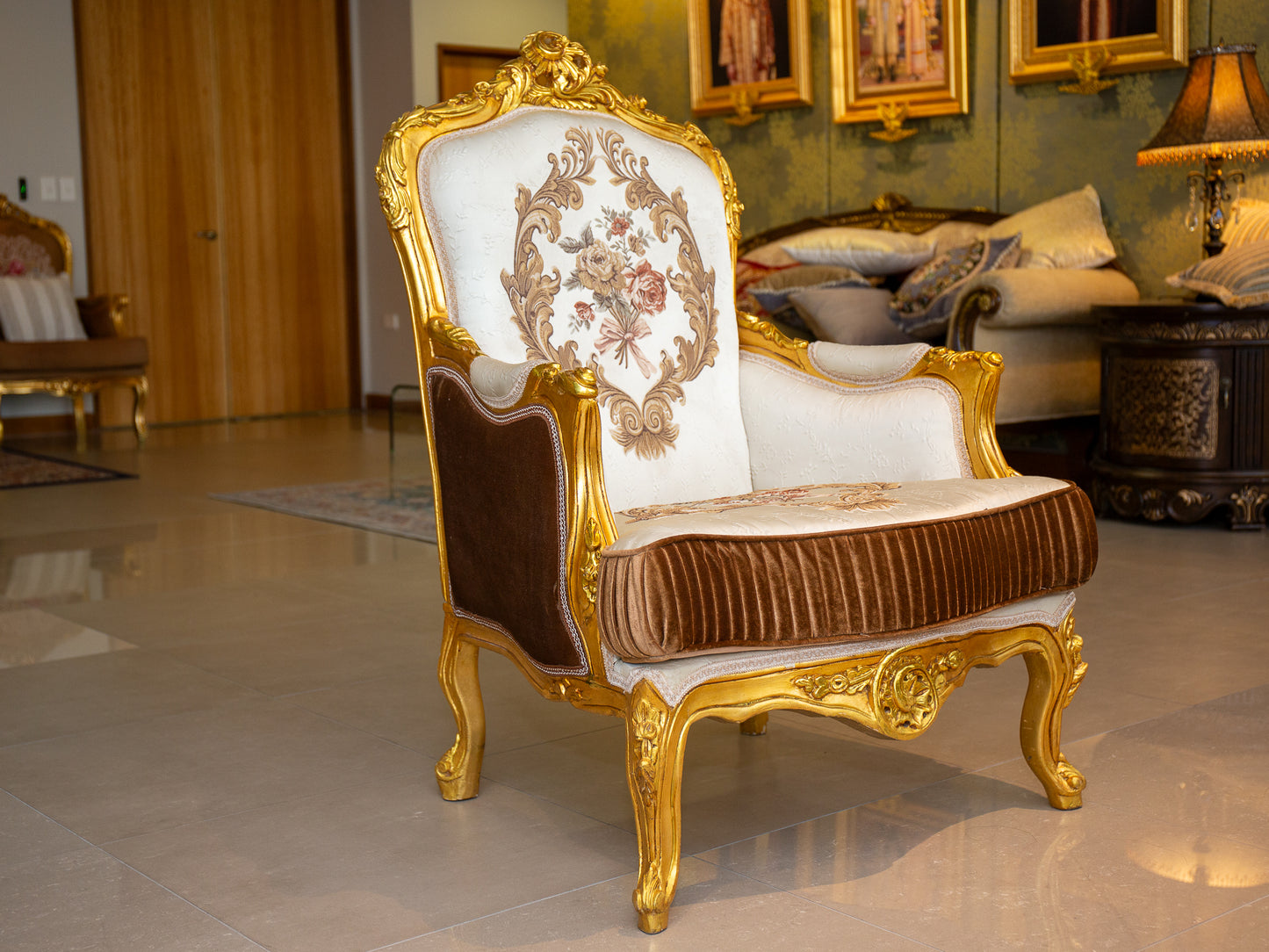 Royal French Provincial Giltwood Style Arm Chair – White & Brown Floral Accent