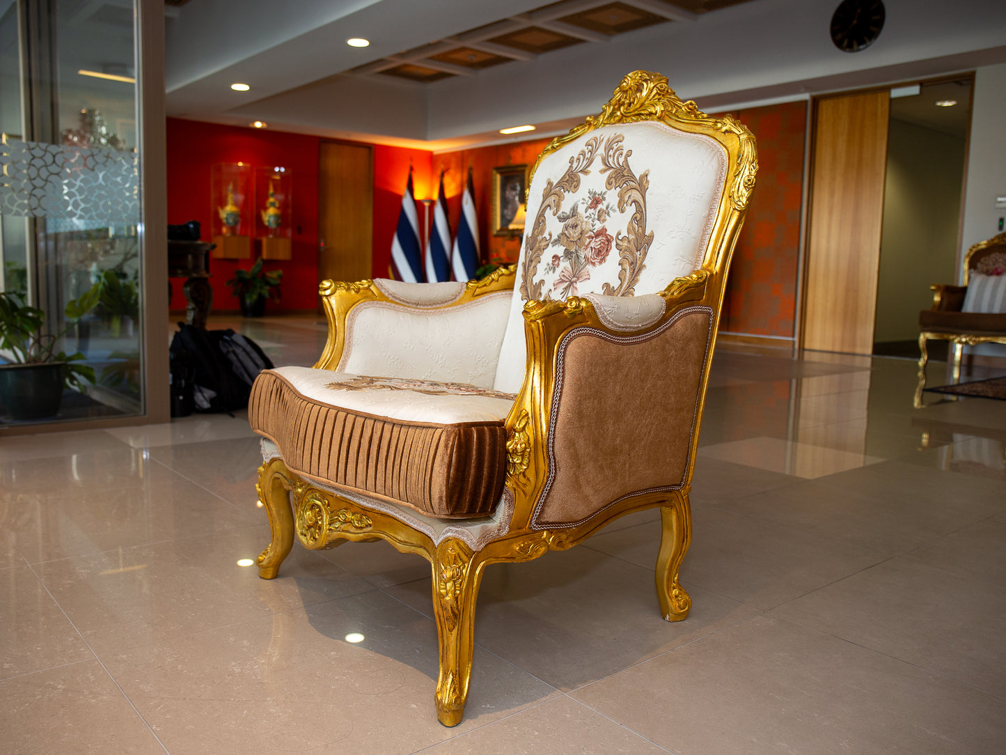 Royal French Provincial Giltwood Style Arm Chair – White & Brown Floral Accent