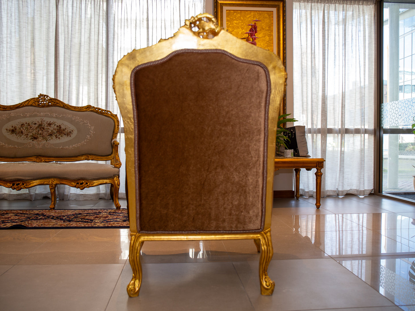 Royal French Provincial Giltwood Style Arm Chair – White & Brown Floral Accent
