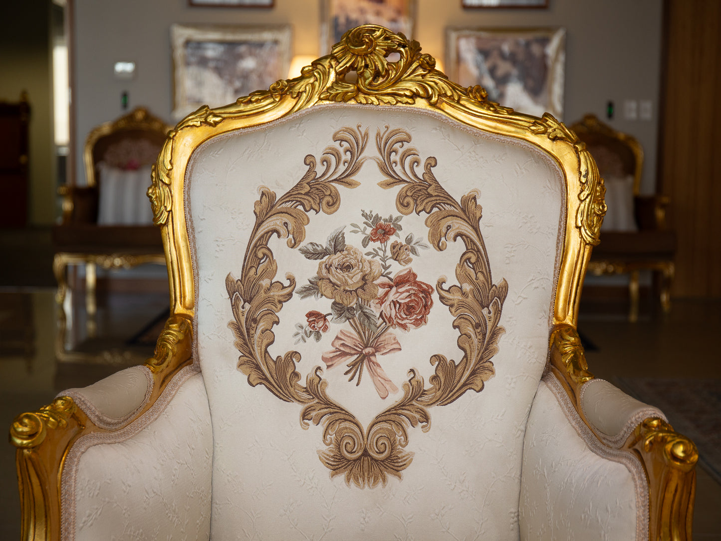 Royal French Provincial Giltwood Style Arm Chair – White & Brown Floral Accent