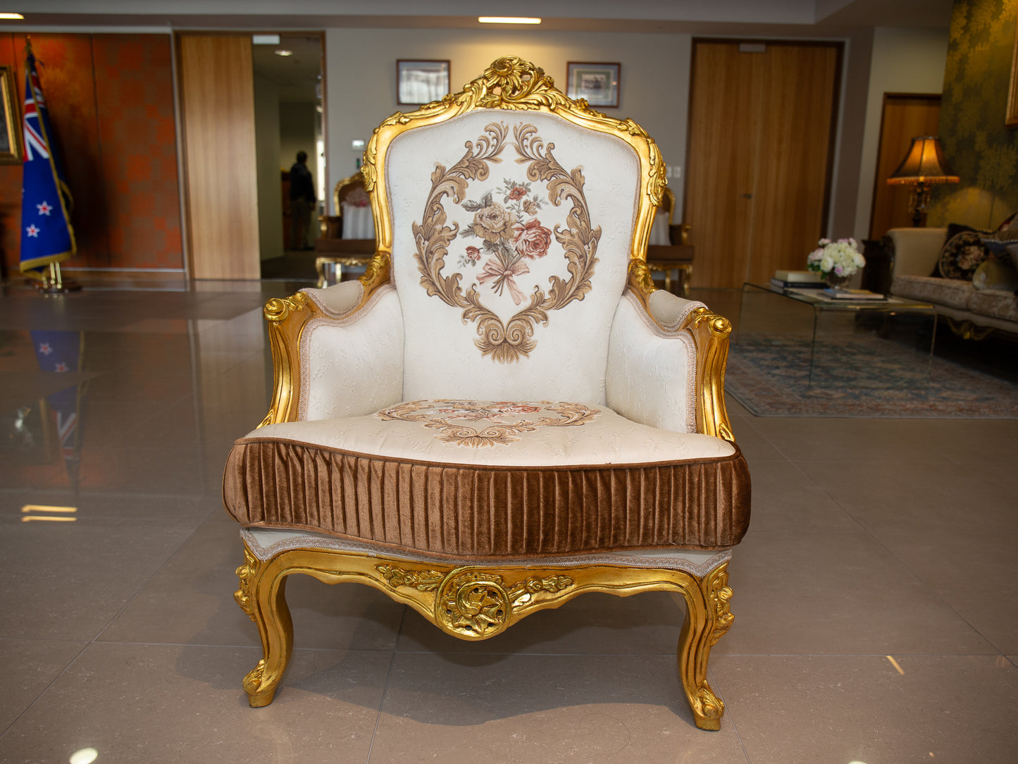 Royal French Provincial Giltwood Style Arm Chair – White & Brown Floral Accent