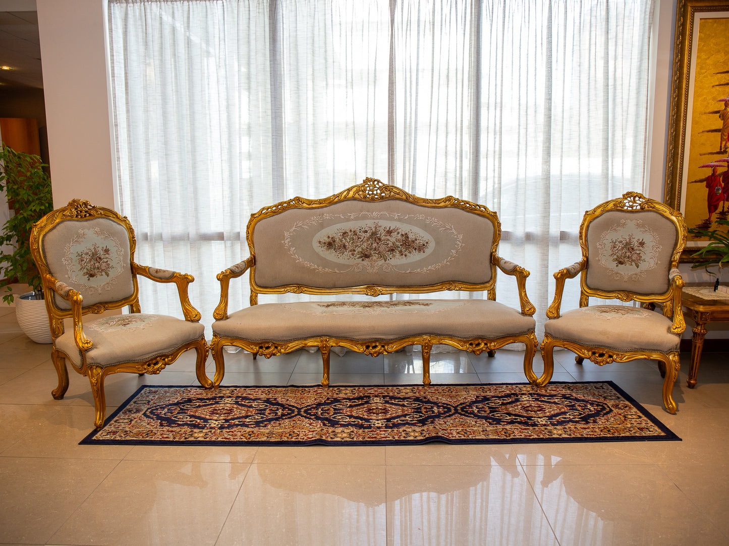 Opulent 3-Piece Rococo Style Lounge Suite - Gold & Floral Upholstery